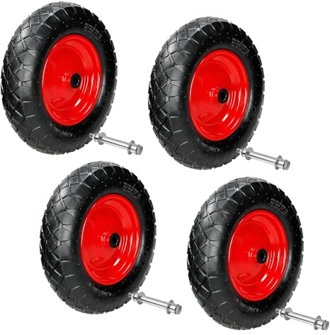 ECD Germany 4er Set Schubkarrenrad luftbereift mit Achse, 4.80/4.00-8, Ø 390 mm, 95 mm Breite, 200 kg, Reifen mit Stahlfelge Rot, Luftrad Ersatzrad, Pneumatische Rad für Schubkarre und Gartenkarren