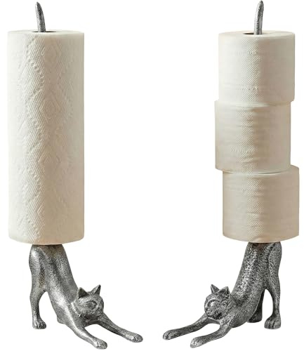 Comfify Dekorativer Papierhandtuchhalter oder Toilettenpapierhalter mit Yoga-Katze – entzückende Hundepose Kitty – Gusseisen-Papierhandtuchständer – antikes Gusseisen, weiße Farbe – 48,3 cm – Silber