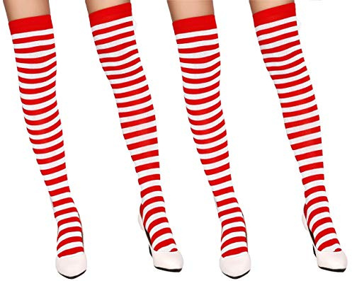krautwear® Damstrumpor randiga Overknees strumpor randiga strumpor karneval maskerad 80-talet, röd/vit-2x, one size