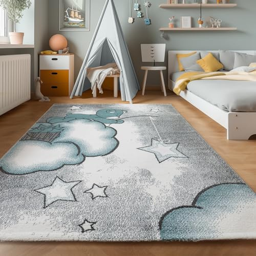 SIMPEX Teppich Rund Kinderzimmer Bär-Himmel Wolken Sterne Design Kurzflor Kinderteppich mädchen Spielteppich Modern Design Babyzimmer Teppiche für Junge und Mädchen Extra Weich 120 cm Rund