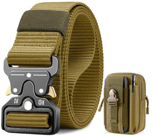 BESTKEE Taktischer Gürtel, 3,8 cm Militär Arbeitsgürtel, Schwerlast Nylon Schwarz Gürtel mit Schnellverschluss-Metallschnalle, Geschenk mit Taktischem Molle-Beutel für Outdoor Jagen
