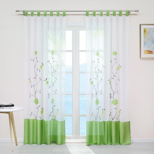 ESLIR Gardinen mit Schlaufen Vorhänge Transparent Gardinenschals mit Blumen Stickrei Schlaufenschal Voile Grün BxH 140x225cm 1 Stück