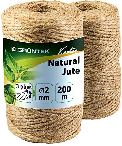 GRÜNTEK 2 x 100m (656ft.) Jute Twine, 3 Ply Roll, 2mm, Jute Strings, Jute Rope, 100% natural, Jute Yarn, for DIY Arts & Crafts, Decoration, Bundling, Garden