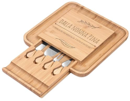 Maverton Tagliere per formaggio e salumi in legno | Set 3 coltelli 1 forchetta, incisione personalizzata, H4cm x L34cm, regalo di compleanno per la donna, una meraviglia