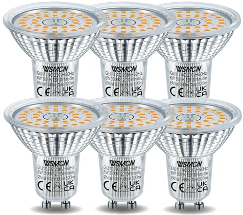 WSMCN GU10 LED Dimmbar Warmweiss Lampe, 6W Ersetzt 70W Halogen Leuchtmittel, 3000K 520lm Dimmbare LED Spots, 120° Abstrahlwinkel Energiesparlampe, Kontinuierlich Dimmen über Dimmer, 6 Stücke