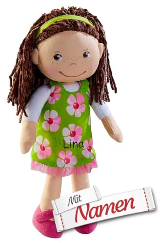 HABA Stoffpuppe mit Namen Bestickt, Erste Baby Puppe zum kuscheln, Weiche Mädchen Kuschelpuppe, Kinder Geschenk-Idee Babypuppe als Taufgeschenk (Coco)
