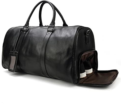 Reisetaschen Herren echt Leder Weekender Tasche Großen Kapazität Reisetasche Unisex Vintage Handgepäck Bag, Schwarz