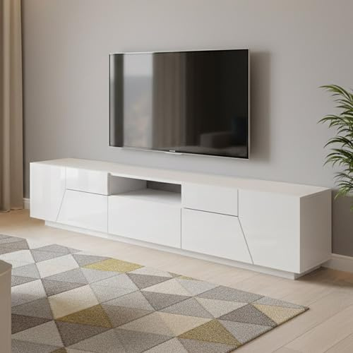 Dmora - Meuble TV Jacopo, Buffet Bas de Salon, Base pour Meuble TV, 100% Made in Italy, 220x43h46 cm, Blanc Brillant