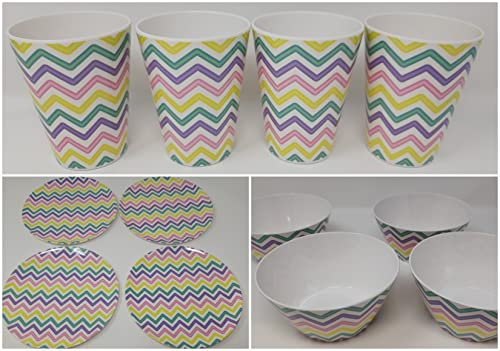 Foglish 12pc Set Melamine Medium Plates Bowls Tumblers Camping Home Outdoor Dining Picnics (4 x 8 Plates, 4 x 6 inch Bowls & 4 x 325ml Tumblers) (Zig Zag)