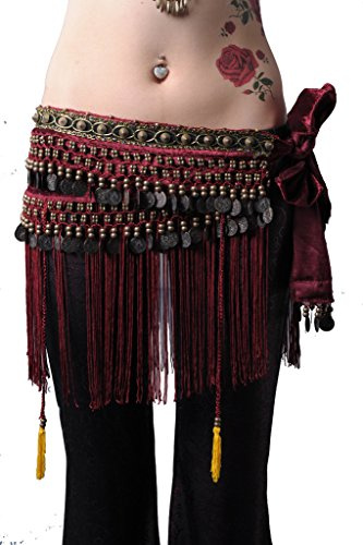 Belly Dance Tribal Hip Scarf with Fringe Coins Flannel Dark Red Plus Size