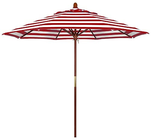 2,7 m Sonnenschirm Balkon, Terrassenschirm aus Holz Rot-Weiß Streifen, mit 3-Gang-Position, 8 Rippen, UV-schützender Outdoor-Gartenschirm für Markt, Terrasse, Pool, Strand