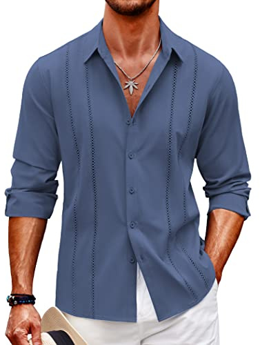 COOFANDY - Camisa para hombre de manga larga, de verano, sin planchado, ajuste regular, de lino, con botones, para ocio y negocios, azul marino, XL