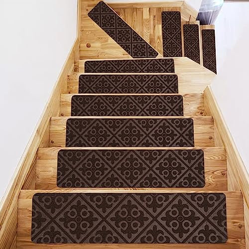Hearda Treppenstufen Matten, Rechtwinklig 76x20.3cm Treppe Treppenteppich, Stufenmatten 15 stück, Treppenteppich Selbstklebend, Antirutschmatte Innenbereich für Schutz Kinder, Ältere (Kaffee,15 pc)