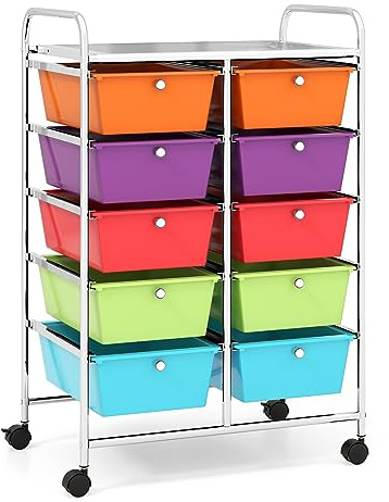 COSTWAY Rollwagen mit 10 stapelbaren Schubladen, Schubladenwagen Rollcontainer mit Metallgestell und Ablagefläche, Badrollwagen Aufbewahrungswagen für Büro, Wohnzimmer, 65,5 x 37 x 87 cm