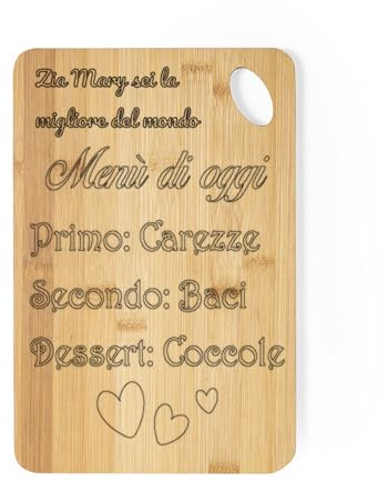 Vestipassioni tagliere PERSONALIZZABILE in legno di bambù con frasi a scelta idea regalo per ogni occasione (Menù di oggi, 15x20cm)