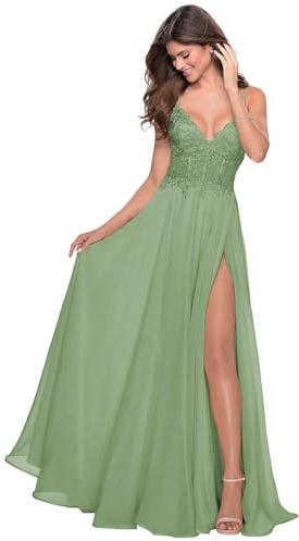Sincemeet Spitzenapplikationen Lang Abendkleid Spaghettiträgern V-Ausschnitt Chiffon Ballkleider brautjungfernkleider mit Schlitz