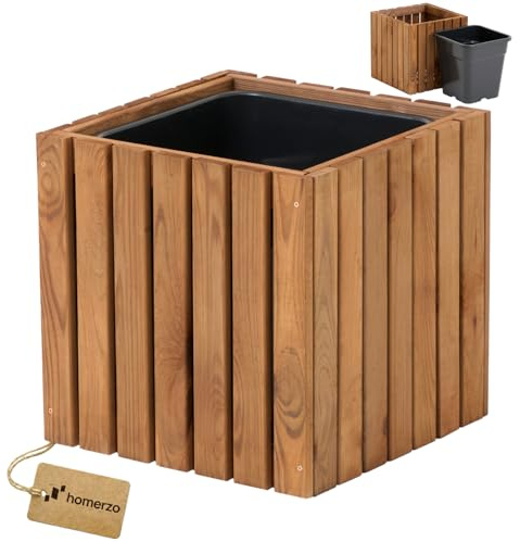 HOMERZO Blomlåda för inomhus- och utomhusbruk växtkruka av trä med plastväxtinsats 18 l blomkruka fyrkantig för balkong eller terrass (36 x 36 h 35)