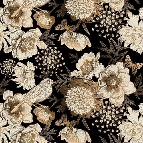 ReWallpaper Selbstklebende Tapete Blumen Vintage Klebefolie Möbel Muster Gold Schwarz Tapete Selbstklebend Vintage Vögel Folie für Möbel Schwarz Muster Fototapete Schlafzimmer Blumen 44.5cm×3m
