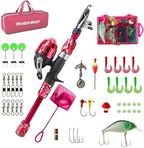 Kids Fishing Pole Spincast Youth Fishing Pole Tackle Box - with Net,Travel Bag,Rod and Reel Kit for Boys and Girls, Youth or Beginner’s (Pink)