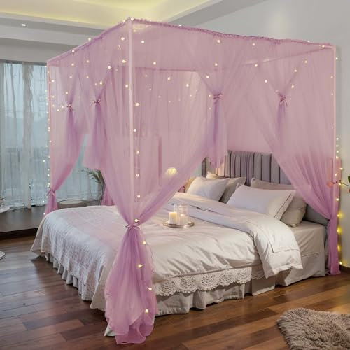 Vpory Betthimmel-Vorhänge – 4 Ecken, Pfostenbetthimmel-Vorhänge für Mädchen und Erwachsene, Betthimmel, Moskitonetz, Schlafzimmer-Dekoration, Zubehör, Rosa, volle Größe/Queen-Size-Größe