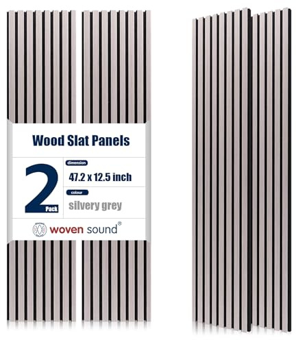 Wood Slat Panels for Interior Wall Decor, Easy Installation, Soundproof Slatted Wall Panels, 3D Acoustic Decoration for Office, Meeting Room, Café, Bars, Restaurant & Home (Silver Gray 2 Pcs 48×12 in)