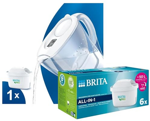 Caraffa Filtrante Marella per acqua, Bianco (2.4l) - incl. 1 Filtro MAXTRA PRO per la riduzione di cloro, calcare e impurità + Cartuccia filtro acqua MAXTRA PRO All-in-1 Confezione da 6 (semestrale)