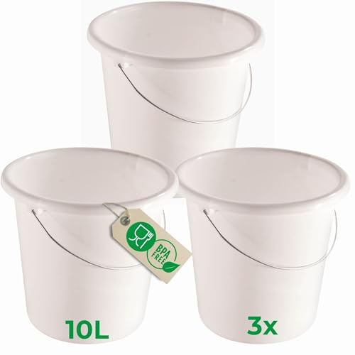 Novaliv 3 Stück Eimer 10L Weiß mit Maßeinteilung - Putzeimer 10 Liter ? 28,5 cm Praktischer Allrounder mit Skala für Haushalt & Garten ideal als Haushaltseimer, Wassereimer, Wischeimer, Bucket