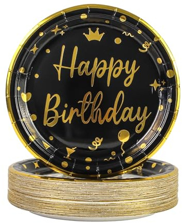DHAIQC 50 Stück Pappteller Geburtstag 18 cm, Pappteller Schwarz Gold Partyteller Einwegteller Schwarz mit Gold Goldrand Papierteller Geburtstag Partygeschirr (Geburtstag Schwarz, 18cm)