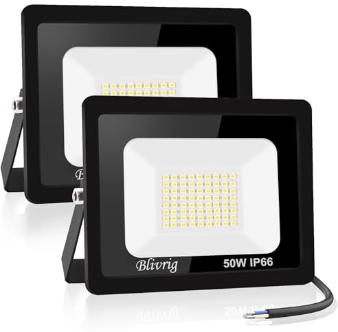 Blivrig Faretto LED da Esterno 50W 2 Pezzi, Faretti LED 3000K 5000LM | Bianco Caldo, Impermeabile IP66, Angolo del Fascio 120°, Super Luminosi, per Esterno Corti Terrazza Magazzini Garage