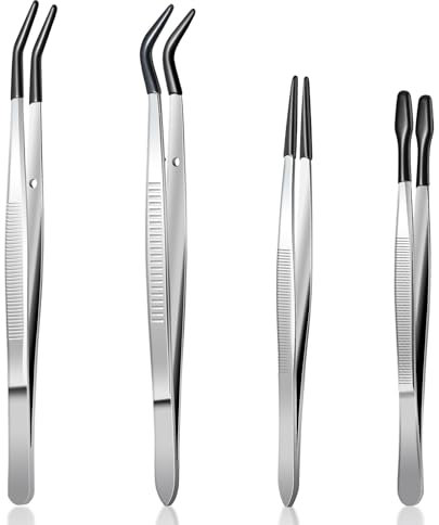 COMNICO Juego de pinzas antideslizantes de acero inoxidable, con puntas de goma y revestimiento de PVC, largas para sellos, calcomanías, joyas y cuentas