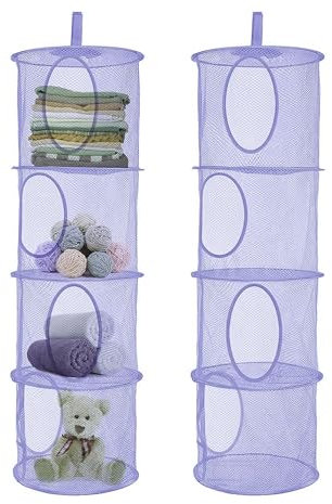 Hängende Netz-Aufbewahrungstasche, 2 Stück Mesh Hängender Speicher Korb, Faltbare Aufbewahrungstasche Netz mit 4 Fächern Hängeaufbewahrung Kinderzimmer Spielzeug Kleine Kleidung (Lila)