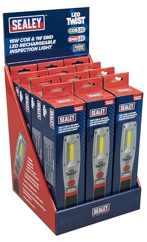 Sealey LED Twist Rechargeable Inspection Light - Display Box of 12, 16W COB & 1W SMD, 2000lm, Rotating Magnetic Base - LED2001DB