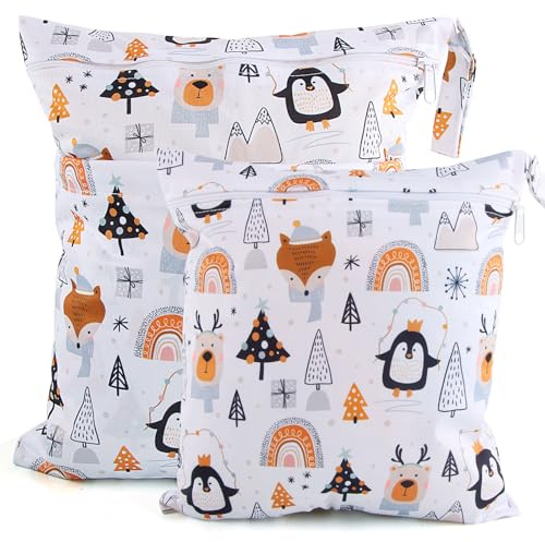 Darryy Nasstasche Kindergarten, Wetbag Kindergarten 2er Set, Wäschebeutel Kita Wasserdicht, Nassbeutel Waschbar, Windeltasche Nasstasche, Wetbag Stoffwindeln (Bäume)