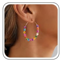 Inateannal Boho Kreis Creolen mit Perlen bunte Perlen Creolen große hohle Kreis Ohrringe Rocailles runde Statement Ohrringe mit geometrischem Muster