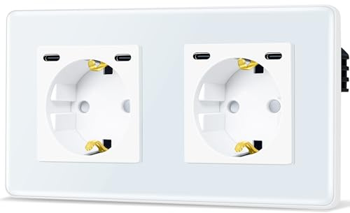 TAWOIA Schuko Steckdose Mit 20W(MAX 4A) Type C Schnelllade Schnittstelle, EU-Standard 2 Fach Unterputz Mit 2,5D Curved Glas Platte, Wandsteckdosen Weiß 86 * 157mm