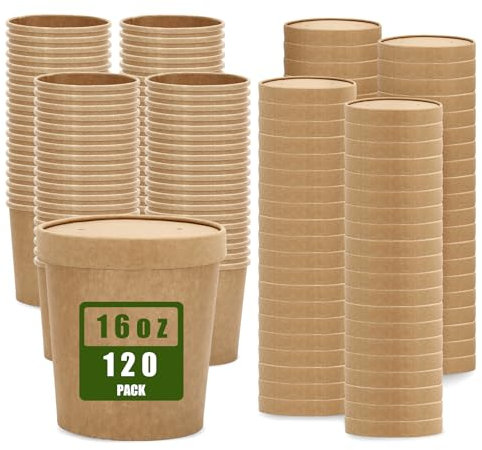 JarThenaAMCS Confezione da 120 contenitori da zuppa in carta kraft da 473 ml, con coperchio, usa e getta, per gelato, pinta, microonde, per casa, ristorante, cucina, conservazione degli alimenti