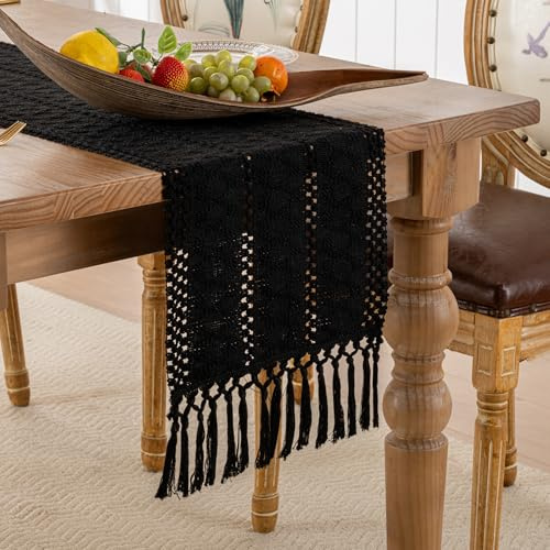 Tischläufer Boho Rustikale Landhausstil Tischdeko Gestrickt Makramee Baumwoll Tischläufer Schwarz Boho Tischdeko Modern Hochzeit Häkelspitze für Urlaub Party Geburtstag Küche Tischdeko, 30x180cm