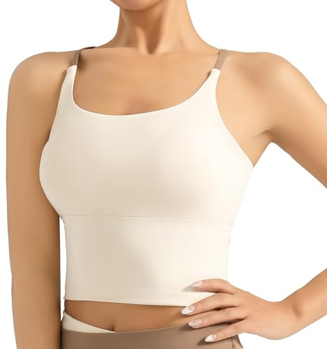 Attraktiv damsportlinne, basic topp ärmlös, andas och lätt för gym yoga casual kort linne med spagettiremmar, Bianco+cachi, L