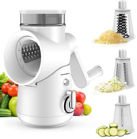 KitchenBoss Ralladores de Cocina,Rallador de Queso:Cortador de Verduras 3 en 1 con mango y 3 Cuchillas,para cortar muchas Frutas y Verduras, Blanco