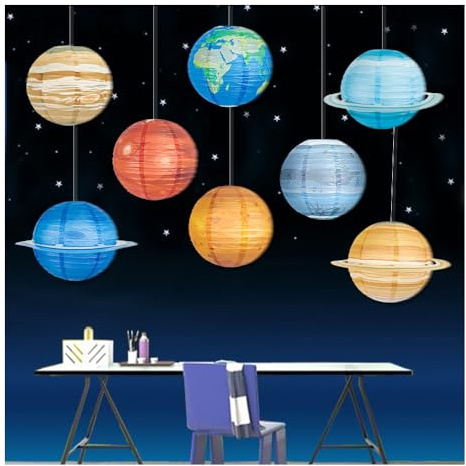 YZROHYI Lot de 8 Planetes Decoration,Lanterne Systeme Solaire,Lanternes en Papier à Suspendre,Lanterne Boule Papier Plafond,Lampion,Suspension Boule Papier,Lanterne Planetes Guirlande pour Famille