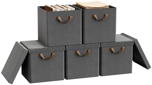 WOLTU Faltbare Aufbewahrungsboxen 5 Stück,mit Deckel,Grau, 30x30x29cm | Stoffboxen，Metallrahmen，Aufbewahrungswürfel für Wohnzimmer, Schlafzimmer, Arbeitszimmer, Mehrzweck,