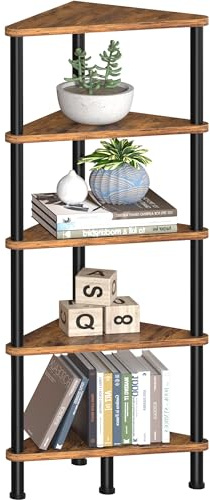 Eckregal mit 5 Ebenen, EckregalStehend, schmales Eckregal, Eck-Bücherregal zur Präsentation von Pflanzenblumen, Standregal, offene Ablagen für Wohnzimmer, Schlafzimmer, Balkon, Küche, Vintagebraun