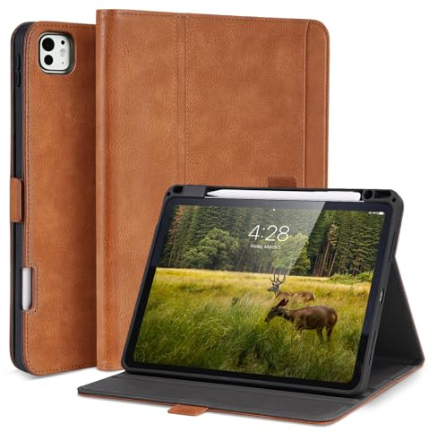 AsileCuir Coque pour iPad Pro 13 Pouces M5/M4 (2025/2024), Marron | Porte Stylo, Poche, Housse de Protection, Étui Cuir PU, Multi Angle Support, Fermeture Magnétique, Veille/Réveil Auto