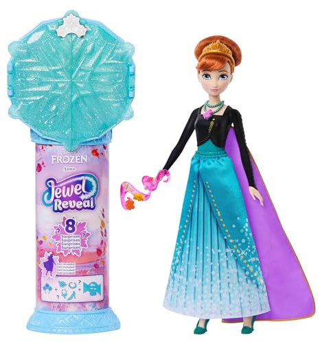 Mattel Disney Frozen Muñeca Anna de Moda y Accesorios con 8 sorpresas, Incluido un joyero con Forma de Copo de Nieve, un Anillo para los peques y 9 Piezas de Juego, Inspirada en la película, JJY37