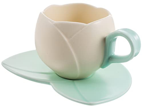 Warmhm Set Tazza Caffè in Ceramica 300ml, Design Tulipano Beige | Latte e Vino, Semplice e Pratico, con Piattino, Uso Quotidiano in Locale