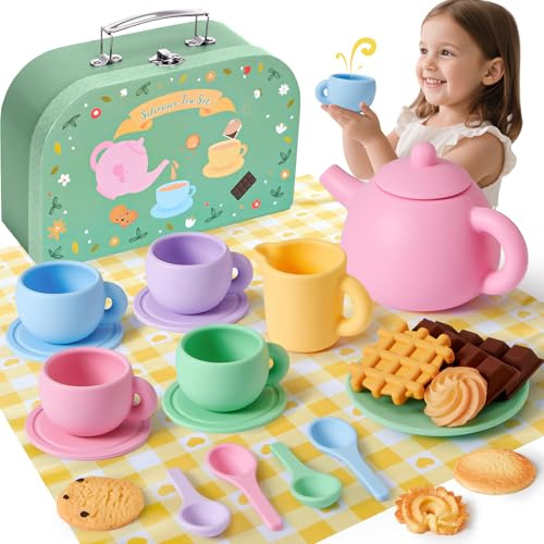 G.C Silicone Tea Set for Toddlers Kitchen Accessories with Teapot, Cups, Plates, Spoons and Sweet Desserts, Afternoon Tea Party Picnic Kitchen Role Play, Kitchen Games, Toys Gifts for Girls Boys