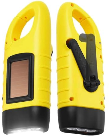 CERICAI 2Pcs Wind Up Portable Camping Torch - Hand Crank Yellow LED Portable Flashlight, Rechargeable Solar Dynamo Camping Torch Powered Carabiner Energy Flashlight for Climbing Hiking