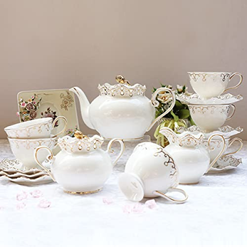 Juego de té de Porcelana de 15 Piezas con Tetera, Tazas de té y platillo, Juego de Tazas de café de Porcelana China, Servicio de té de cerámica