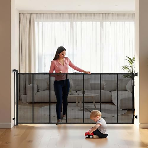 VEVOR Puerta Retráctil 325 x 105,5 cm, Valla de Seguridad para Perros, Panel de Malla Transpirable con Tiras de Fibra de Vidrio para Escaleras Interiores, Puertas, Pasillos, Salas de Juegos, Negro
