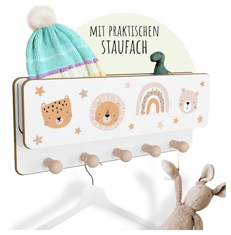 Holzura Kindergarderobe Holz mit Ablage – Wandgarderobe Kinder mit 5 Haken, Montessori Garderobenleiste